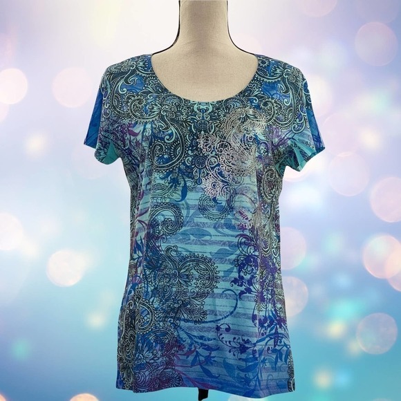APPROPRIATE Behavior Multi-tone Blue Striped Paisley Print Short Sleeve Blouse - Picture 8 of 10